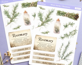 Rosemary Plant Stickers, Witchcraft Correspondences Rosemary Herb, Herbal Magic Stickers, Green Witch Grimoire Stickers, Herbology Stickers