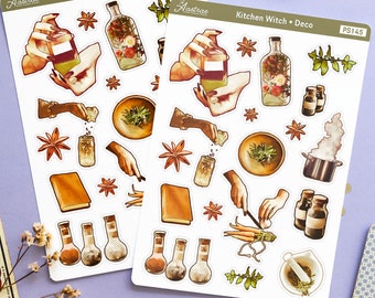 May include: Two sheets of stickers featuring illustrations of kitchen witch themed items, such as herbs, spices, bottles, and hands. The stickers are on a purple background with tarot cards, a candle, and other decorative items.