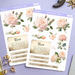 Autocollants artistiques roses, herbes de sorcière, autocollants magiques fleurs pour journal d'herboristerie, étiquettes d'ingrédients de sorcellerie, autocollants herbier