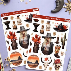 Stickers sorcière cow-boy pour agenda, autocollants d'agenda pour le Far West country western, autocollants esthétiques cow-girl, autocollants Bujo Bullet Journal
