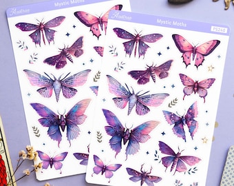 Witchy Moth Sticker Sheet, Witch Butterfly Planner Stickers, Decorative Stickers, Moths Stickers, Moth Ephemera, Moth Illustration Stickers