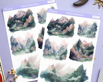 Stickers montagnes, Stickers agenda fantaisie, Feuille d'autocollants fantastiques, Stickers contes de fées, Stickers décoratifs Bullet Journal, Stickers déco