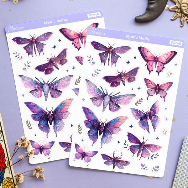 Witchy Moth Sticker Sheet, Witch Butterfly Planner Stickers, Decorative Stickers, Moths Stickers, Moth Ephemera, Moth Illustration Stickers