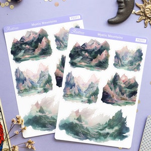 Pegatinas de montañas, pegatinas de planificador de fantasía, hoja de pegatinas de fantasía, pegatinas de cuento de hadas, pegatinas decorativas de diario de balas, pegatinas deco