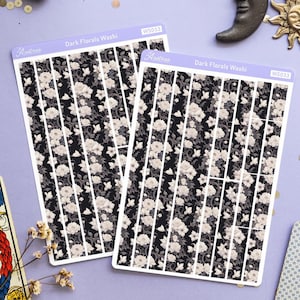 Washi-stickers met donkere bloemen, gotische washi-strips bloemen, botanische planner deco, elegante zwarte bloemen stickers, Victoriaanse plakboek