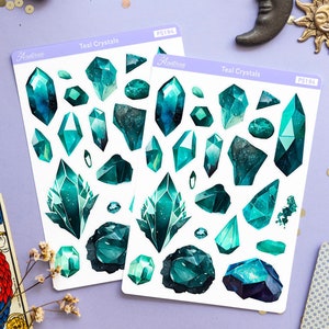 Blue Green Teal Crystals Stickers, Gemstone Stickers, Birthstone Stickers, Crystals Planner Stickers, Witch Crystals Sticker Sheet, Grimoire