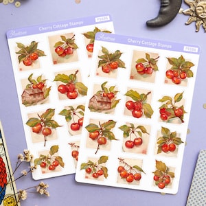 Timbri Cherry Cottage, adesivi postali vintage di frutta, effimeri estetici country, album di ritagli rustici della fattoria, elementi di pianificatore botanico