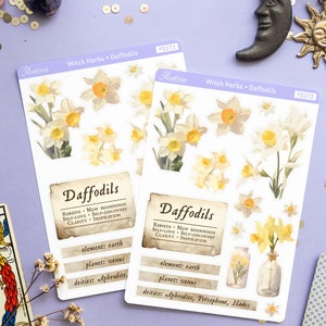 Narcissenstickers, hekskruidkunst, kruidenapotheker stickervel, groene heksdagboek, bloemstickers, botanische stickers, grimoire label