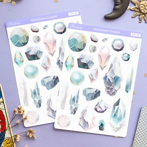 Moonstone Crystal Sticker Sheet, Gemstone Stickers, White Quartz Crystal Planner Stickers, Birthstone Stickers, Esoteric Planner Sticker Set