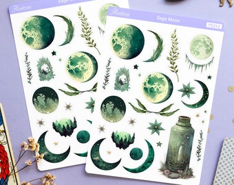 Sage Green Lunar Planner Stickers, Witchy Moon Stickers for Planner, Moon Planner Stickers, Celestial Stickers, Grimoire Stickers, Bujo Art