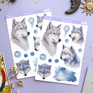 Pegatinas de lobo de nieve de invierno, pegatinas de lobos para planificador, pegatinas de animales de brujas para planificador, hoja de pegatinas de lobo blanco, calcomanía de diario Bujo Deco