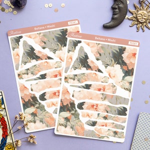 Feuille d'autocollants Washi à fleurs pêche, Rubans adhésifs Washi en papier déchiré, Stickers Washi pour agenda, Stickers Bujo esthétiques, Stickers papier décoratifs