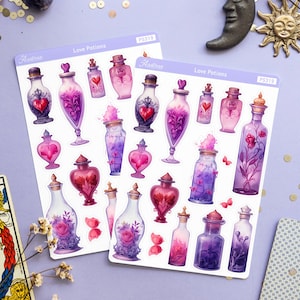 Hoja de pegatinas de botella de poción de amor, pegatinas de diario basura del día de San Valentín, pegatinas de Witchy Valentine Bujo Deco, pegatinas del planificador del día de San Valentín