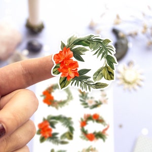 Rode tropische bloemkransen stickervel, exotische bloemenstickers voor planner, zomerbujo deco stickervel, exotische jungle bloemensticker
