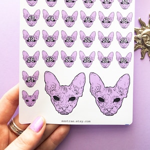 Autocollants Sphynx Cat Sticker Days of the Month, Feuille d’autocollants Sphinx Cat Planner, Autocollant Pastel Goth Planner, Autocollants numériques pour Planner