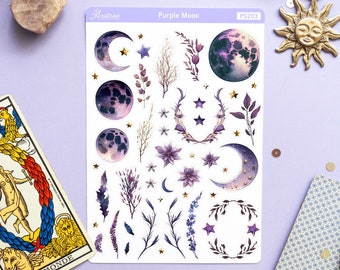 Pegatinas de planificador de luna morada, pegatinas de bruja lunar, pegatinas de planificador de bruja lunar, pegatinas decorativas de acuarela, pegatinas paganas para planificador.