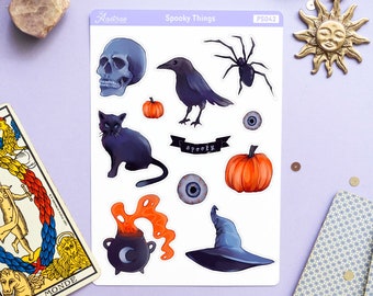 Halloween Planner Stickers, Cute Halloween Stickers for Planner, Halloween Scrapbook Stickers, Spider Cat Crow Pumpkin Witch Hat Cauldron