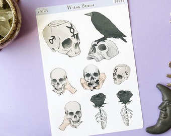 Skull Sticker Sheet, Witch Skull Planner Sticker, Goth Planner Sticker, Skull Sticker Sheet, Human Skull Witchy Planner Stickers Journal