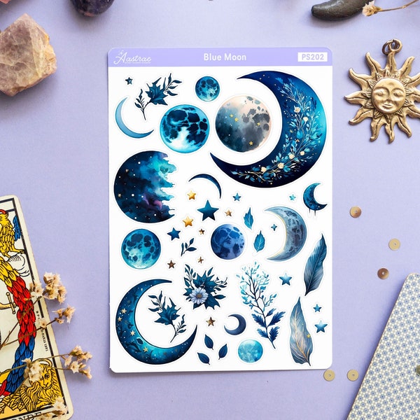 Blue Moon Planner Stickers, Lunar Witch Stickers, Moon Witch Planner Stickers, Watercolor Decorative Stickers, Pagan Planner Sticker Journal