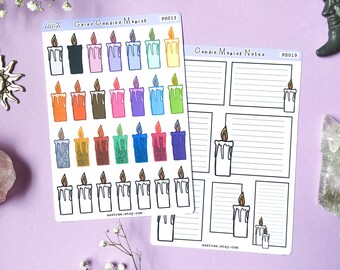 Könnte beinhalten: Ein Bogen mit bunten Kerzenaufklebern in verschiedenen Farben und Designs. Die Aufkleber sind mit "Candle Magic" und "Candle Magic Notes" beschriftet.
