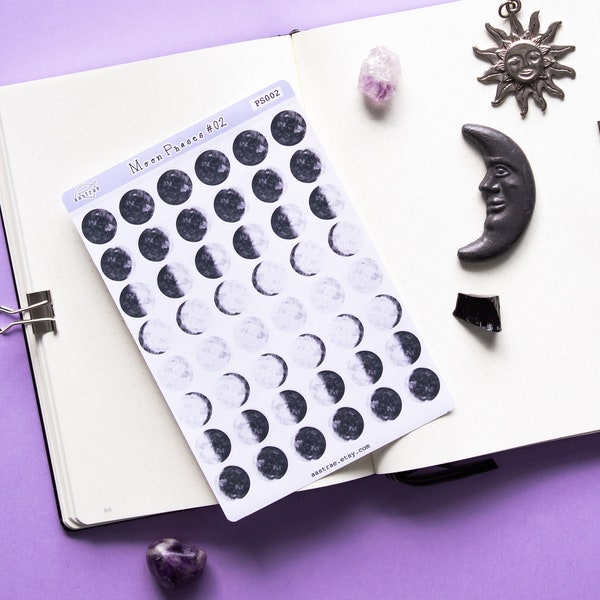 Moon Phase Watercolor Planner Stickers, Lunar Cycle Moon Stickers for Journal, Witch Moon Planner Stickers for Bujo, Grimoire Book of Shadow