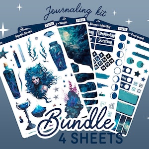 Kit d'autocollants pour agenda sirène sorcière, feuille d'autocollants sirène, kit de journalisation sorcière des mers, Stickers Bujo, Stickers Bullet Journal esthétiques bleus