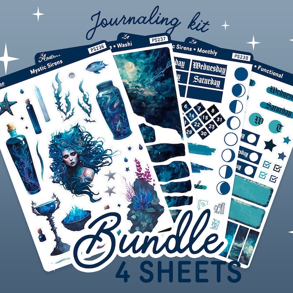 Witchy Mermaid Planner Sticker Kit, Mermaid Sticker Sheet, Sea Witch Journaling Kit, Bujo Stickers, Blue Aesthetic Bullet Journal Stickers