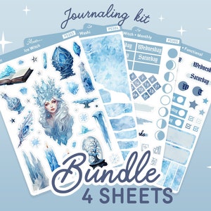 Kit de diario de invierno brujo, pegatinas del diario de brujas de hielo, kit de pegatinas del planificador de temporada, kit de pegatinas mensuales semanales, copos de nieve funcionales