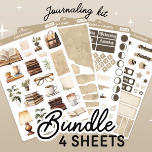 May include: A journaling kit bundle with four sheets of stickers. The stickers feature illustrations of books, coffee cups, eyeglasses, and a lamp. The sheets also include calendar and functional stickers. The text "Journaling kit" and "Bundle 4 SHEETS" are visible.