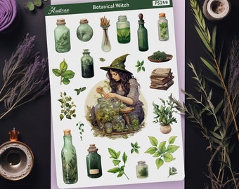 Hoja de pegatinas de bruja verde, pegatinas de bruja herbácea para planificador, pegatinas de herboristería, pegatinas de brujería, pegatinas de bruja botánica para planificador Bujo