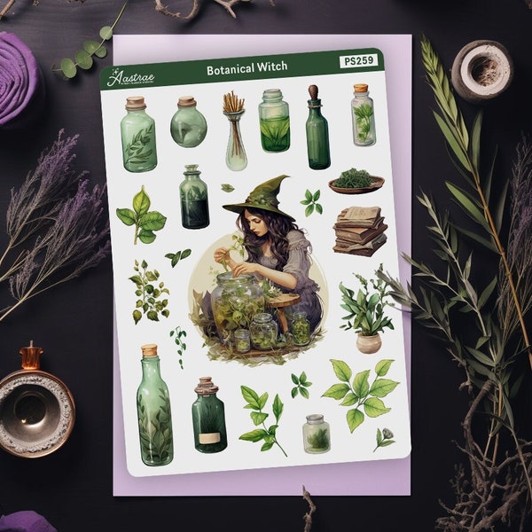 Green Witch Sticker Sheet, Herbal Witch Planner Stickers, Herbalism Stickers, Witchcraft Stickers, Botanical Witch Stickers for Planner Bujo