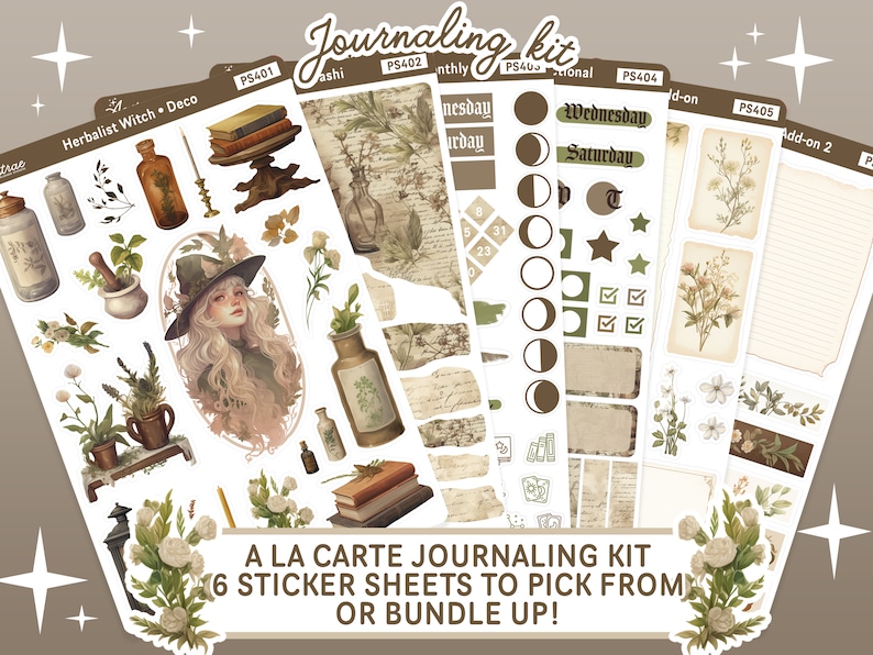K&ouml;nnte beinhalten: Ein Set aus sechs Stickerb&ouml;gen mit Vintage-&Auml;sthetik, die eine Kr&auml;uterhexe, Blumenmuster und verschiedene Planerelemente zeigen. Die Stickerb&ouml;gen sind mit den Produktnummern PS401, PS402, PS403, PS404, PS405 und PS406 gekennzeichnet. Der Text "A la Carte Journaling Kit" und "6 Sticker Sheets to Pick From or Bundle Up!" ist ebenfalls enthalten.