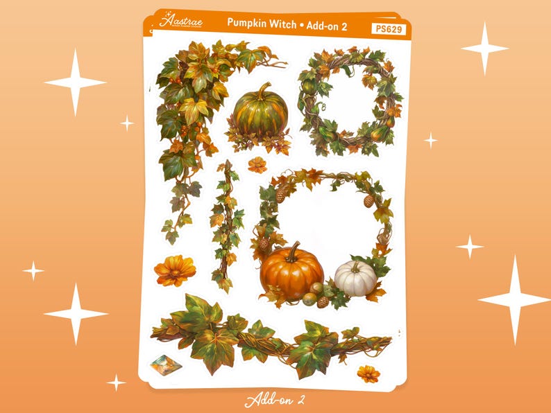 K&ouml;nnte beinhalten: Ein Stickerbogen mit Herbstmotiven. Er enth&auml;lt K&uuml;rbisse, Kr&auml;nze und Bl&auml;tter mit Herbstfarben. Der Text "Pumpkin Witch Add-on 2" steht oben. Der Hintergrund ist orange mit wei&szlig;en Sternen.