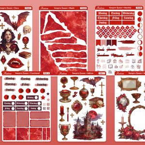 May include: A set of 6 red and white themed planner stickers featuring a vampire queen, a castle, a bat, a chalice, a cross, and a skull. The stickers are designed for use in a planner or journal.