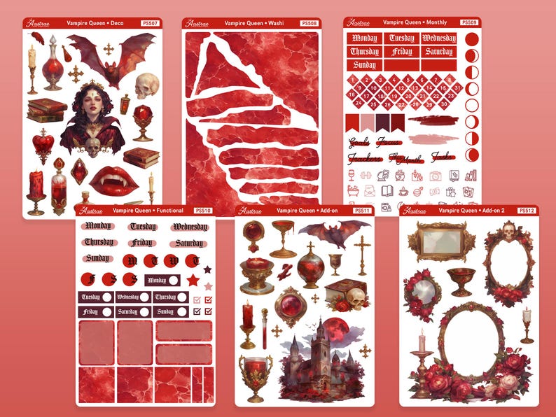 May include: A set of 6 red and white themed planner stickers featuring a vampire queen, a castle, a bat, a chalice, a cross, and a skull. The stickers are designed for use in a planner or journal.