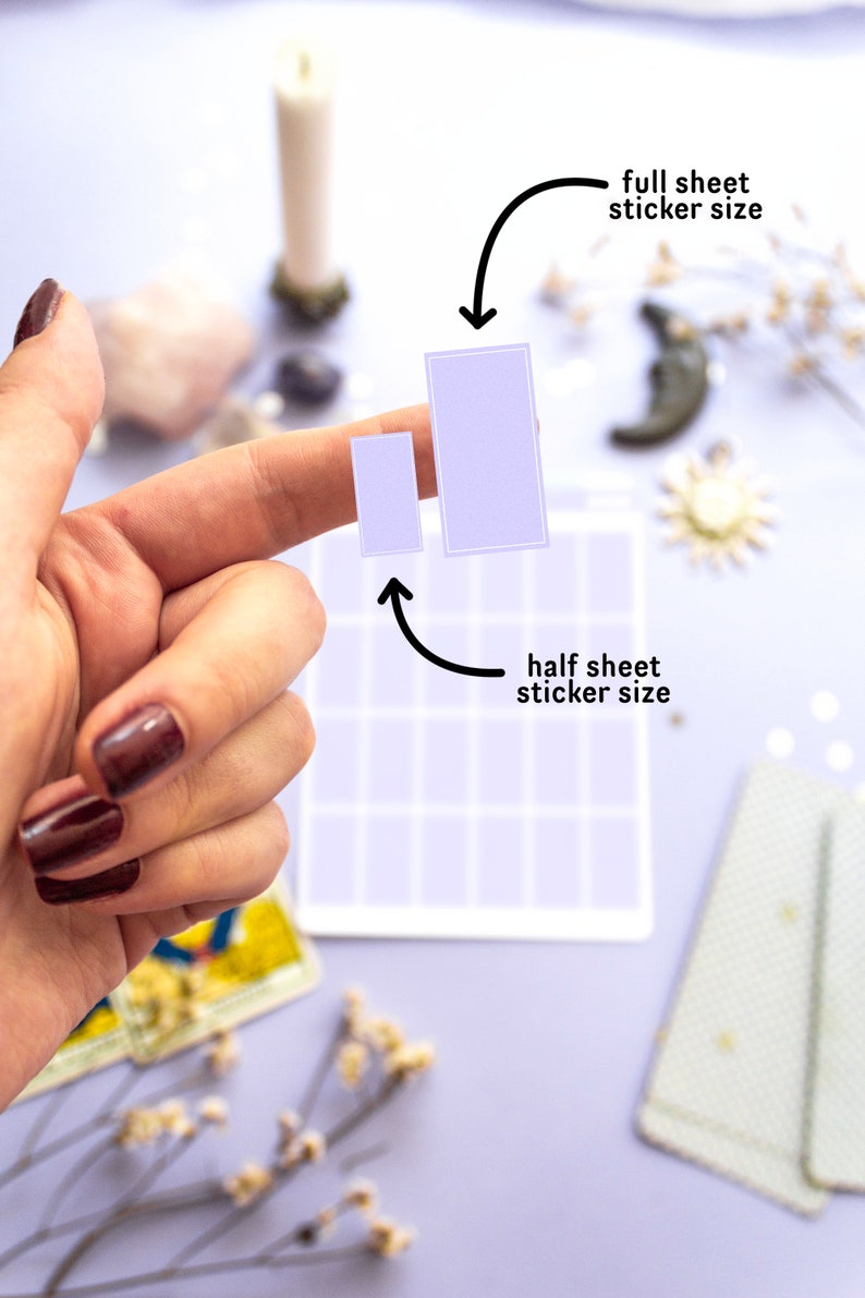 May include: Two light purple stickers, one small and one large, are held up against a grid background. The text indicates the sizes as "full sheet sticker size" and "half sheet sticker size". The background is a light purple color.