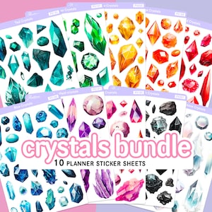 Stickers pour agenda cristaux, Stickers pierres précieuses, Stickers cristaux arc-en-ciel pour agenda, lot de feuilles d'autocollants en cristal, art géologique des roches minérales