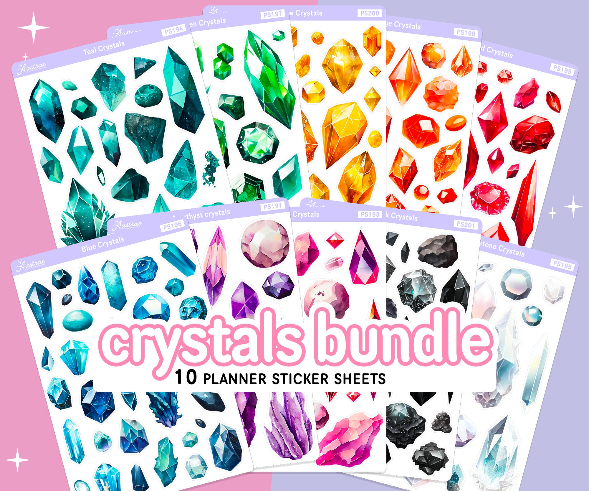 Crystals Planner Stickers, Gemstone Stickers, Rainbow Crystals Stickers for Planner, Crystal Sticker Sheet Bundle, Mineral Rocks Geology Art