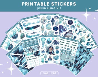 Pegatinas imprimibles para agenda con temática de bruja sirena, kit para bullet journal de fantasía oceánica, pegatinas de bruja marina, kit para agenda y journaling de bruja acuática.