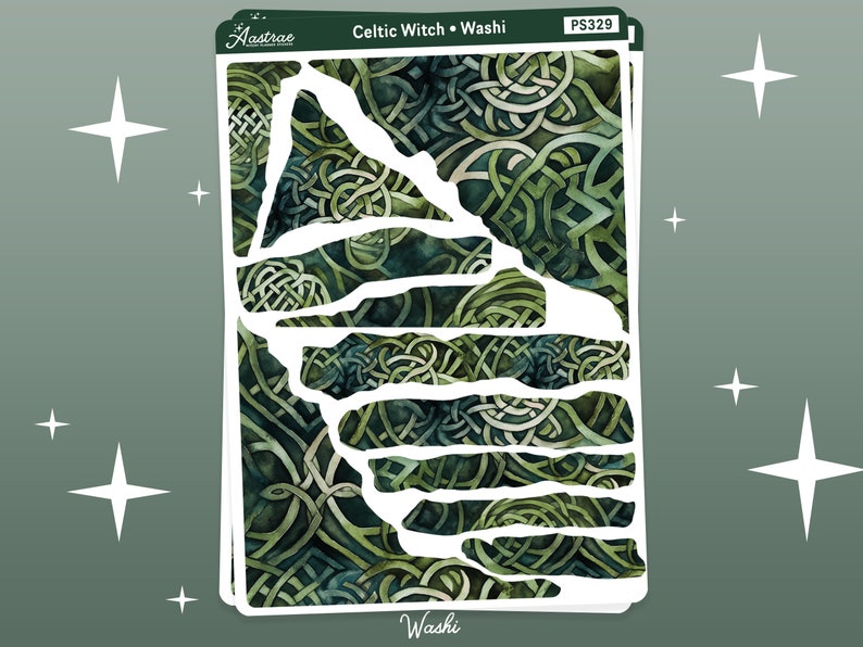 Pode incluir: Uma folha de fita washi verde e branca com um padr&atilde;o de n&oacute; celta. A fita &eacute; projetada para ser rasgada em tiras para uso em scrapbooking, journaling e outros projetos de artesanato.