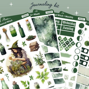 Kit de diario de bruja verde botánica • Boticario Herbolario Hierbas Brujería Bujo Bullet Journal Pegatinas de planificador pagano Pegatinas de Wicca Wiccan