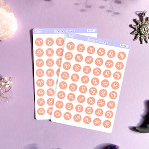 May include: Two sheets of stickers with peach-colored circles featuring the astrological signs. Each sheet has the text "Zodiac Icons" and "PS121" printed on it.
