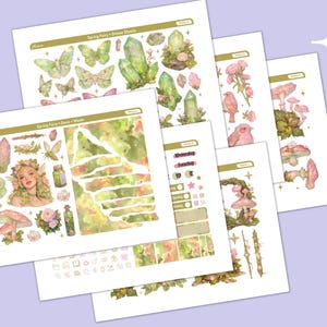 May include: A set of planner sticker sheets with a spring fairy theme. The sheets feature watercolour illustrations of butterflies, crystals, mushrooms, fairies, and birds in soft pastel colours. The text "Spring Fairy + Deluxe Sheets" is visible.
