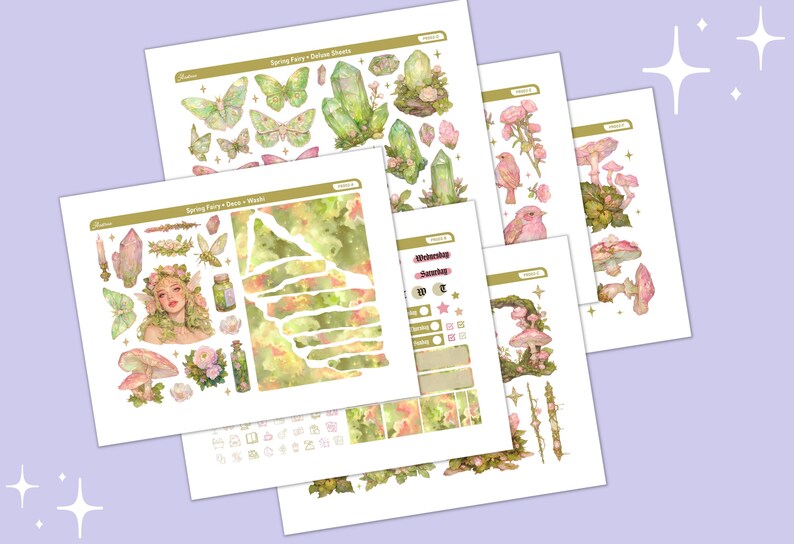 May include: A set of planner sticker sheets with a spring fairy theme. The sheets feature watercolour illustrations of butterflies, crystals, mushrooms, fairies, and birds in soft pastel colours. The text "Spring Fairy + Deluxe Sheets" is visible.