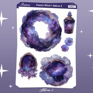 May include: A set of five stickers featuring a cosmic theme. The stickers include a galaxy swirl, a bottle with a galaxy inside, a mirror with a galaxy inside, a cloud with a galaxy inside, and two purple flowers.