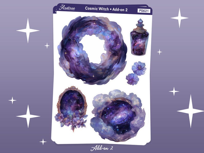 May include: A set of five stickers featuring a cosmic theme. The stickers include a galaxy swirl, a bottle with a galaxy inside, a mirror with a galaxy inside, a cloud with a galaxy inside, and two purple flowers.