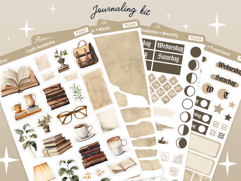 May include: A journaling kit featuring sticker sheets with a light academia theme. The stickers include illustrations of books, eyeglasses, coffee cups, and a satchel. The kit also contains functional stickers with calendar elements and days of the week.