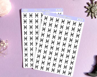 May include: Two sticker sheets with black Pisces symbols on a white background. The stickers are arranged in rows and columns. The top of each sheet has the text "Pisces Symbols" and "PS108". The background is a light purple.