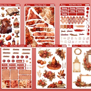 Op de afbeelding: Een set planner stickers met een herfstoogstthema. De stickers bevatten een heks, appels, bladeren, een boek, een ketel en een heksenhoed. De stickers zijn in tinten rood, oranje, bruin en goud.