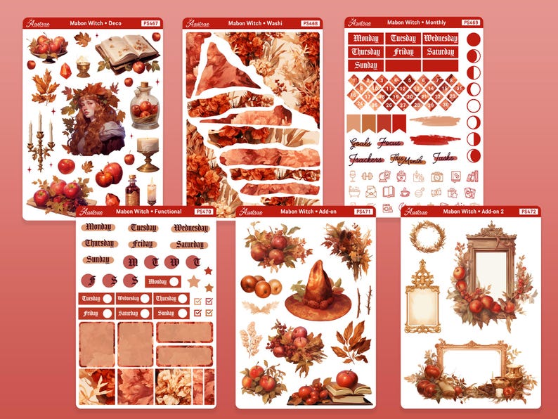 Op de afbeelding: Een set planner stickers met een herfstoogstthema. De stickers bevatten een heks, appels, bladeren, een boek, een ketel en een heksenhoed. De stickers zijn in tinten rood, oranje, bruin en goud.